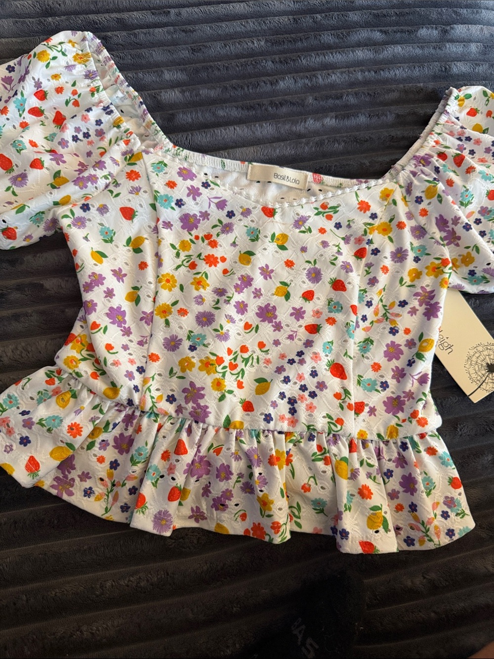 Basil & Lola Fruit and Floral Pointelle Peplum Top